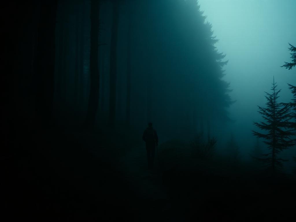 Hiker in a misty forest at dawn