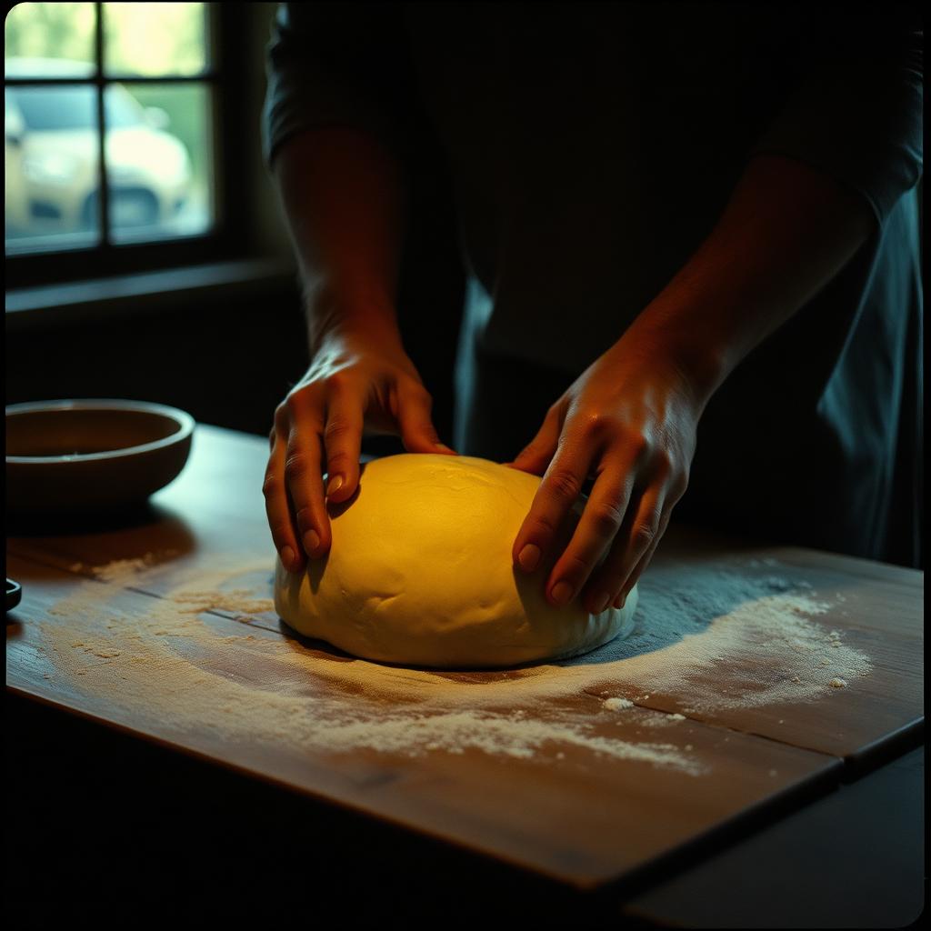 Hands kneading dough by window light